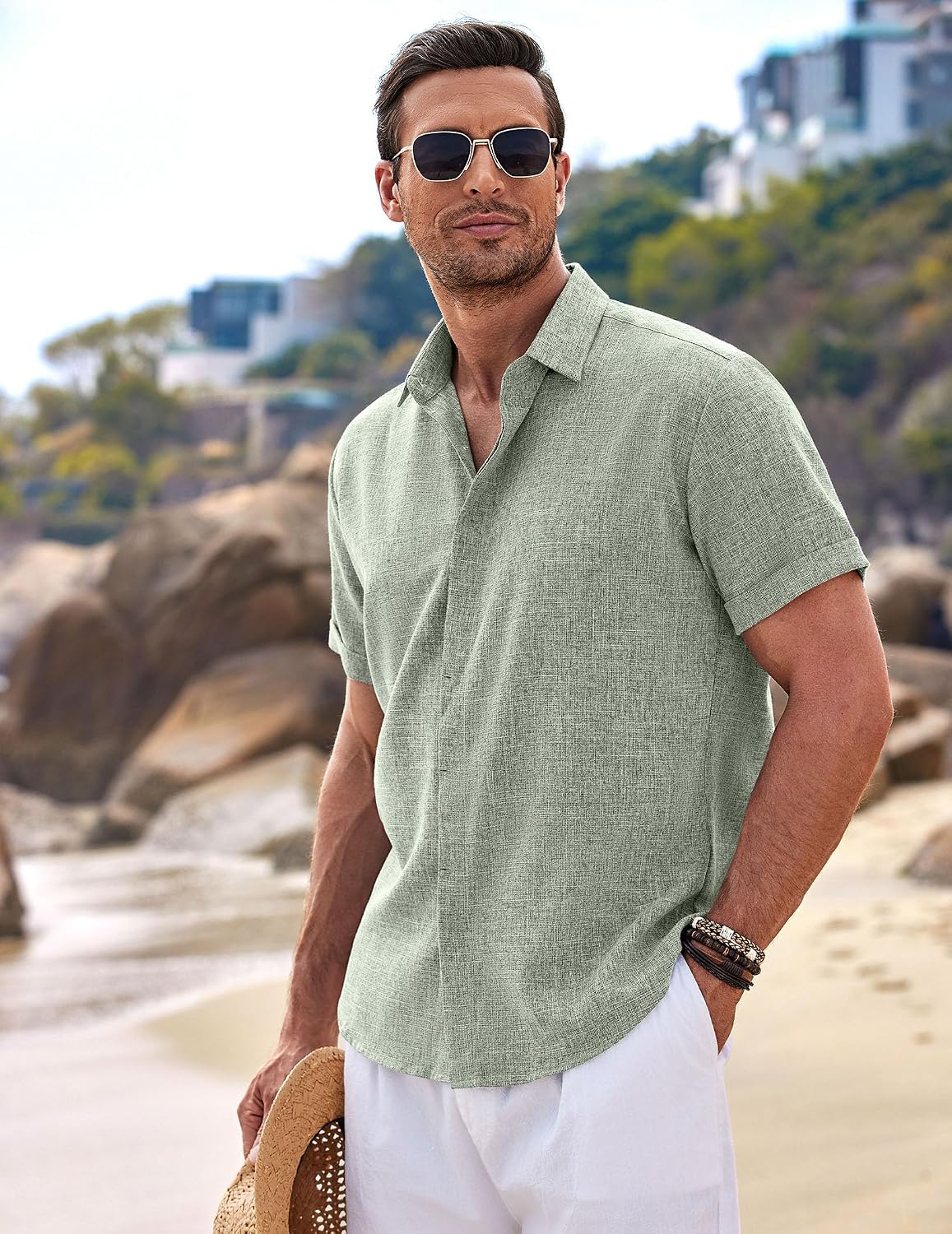 Camisa Masculina de Linho Manga Curta Casual com Botão