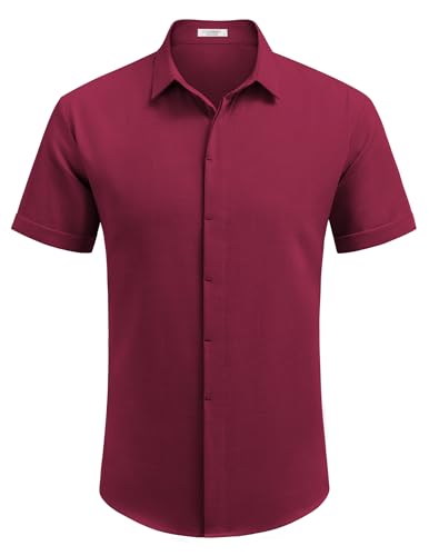 Bordô Cor Camisa Masculina de Linho Manga Curta Casual com Botão