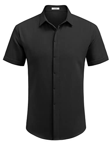 Preto Cor Camisa Masculina de Linho Manga Curta Casual com Botão