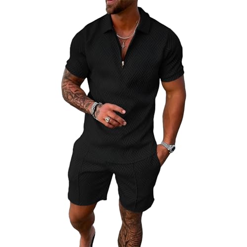 Preto Cor Conjunto Esportivo Masculino com Zíper Camiseta e Short