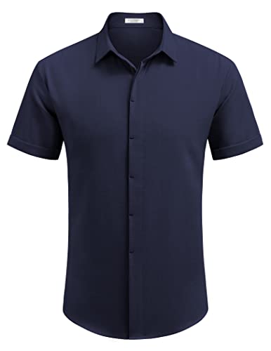 Azul marinho Cor Camisa Masculina de Linho Manga Curta Casual com Botão