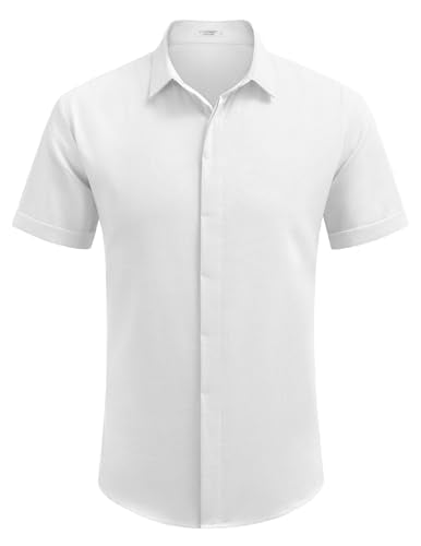 Branco A Cor Camisa Masculina de Linho Manga Curta Casual com Botão