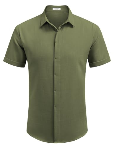 Verde militar Cor Camisa Masculina de Linho Manga Curta Casual com Botão