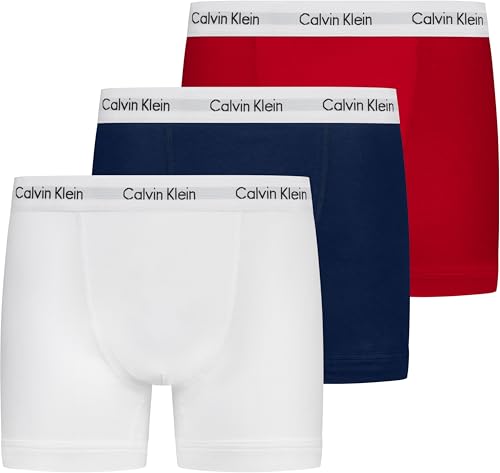 Multicolorido (Branco/Gengibre vermelho/Azul Pyro) Cor Cueca Boxer Masculina Pack 3 Trunks Em Algodão Elástico