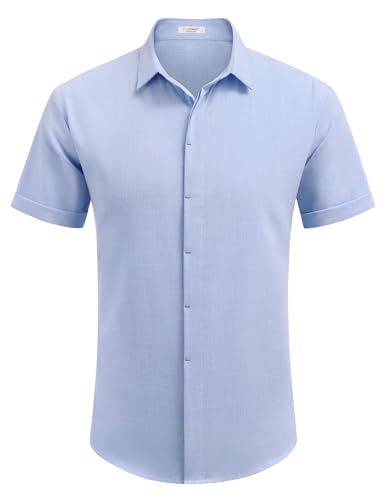Azul claro Cor Camisa Masculina de Linho Manga Curta Casual com Botão