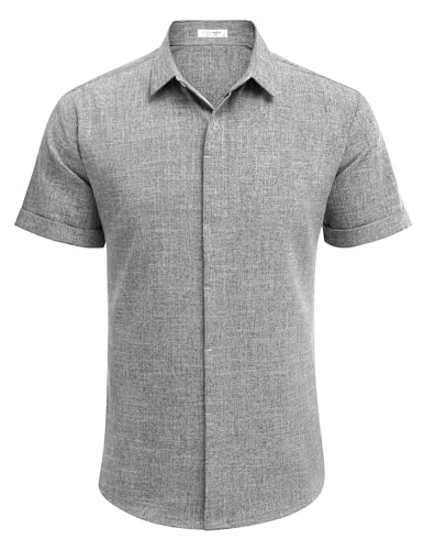 Cinza Cor Camisa Masculina de Linho Manga Curta Casual com Botão