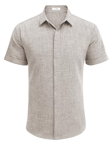 Cor champanhe Cor Camisa Masculina de Linho Manga Curta Casual com Botão