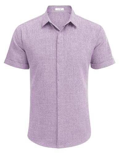 Lilás Cor Camisa Masculina de Linho Manga Curta Casual com Botão