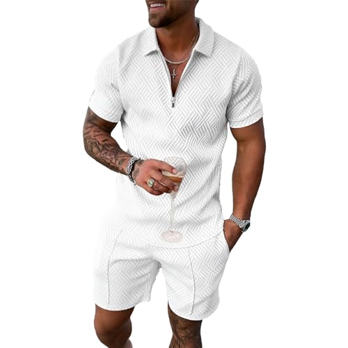 Branco Cor Conjunto Esportivo Masculino com Zíper Camiseta e Short