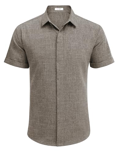 Marrom Cor Camisa Masculina de Linho Manga Curta Casual com Botão