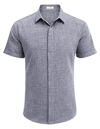 Azul acinzentado escuro Cor Camisa Masculina de Linho Manga Curta Casual com Botão