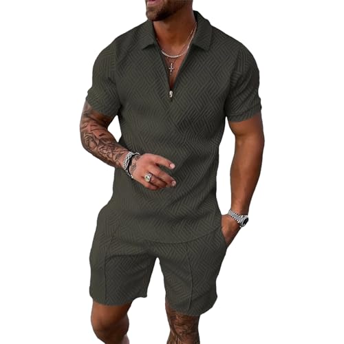 Verde escuro Cor Conjunto Esportivo Masculino com Zíper Camiseta e Short