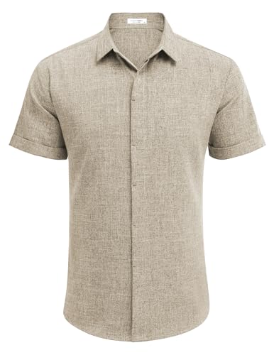 Caqui Cor Camisa Masculina de Linho Manga Curta Casual com Botão