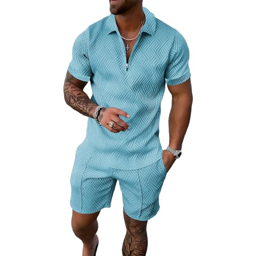 Azul claro Cor Conjunto Esportivo Masculino com Zíper Camiseta e Short