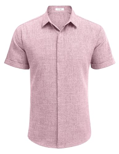 Rosa Cor Camisa Masculina de Linho Manga Curta Casual com Botão