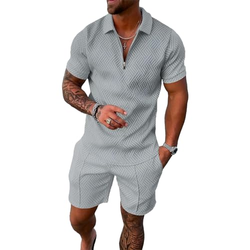 Cinza claro Cor Conjunto Esportivo Masculino com Zíper Camiseta e Short