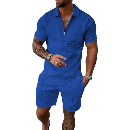 Azul escuro Cor Conjunto Esportivo Masculino com Zíper Camiseta e Short