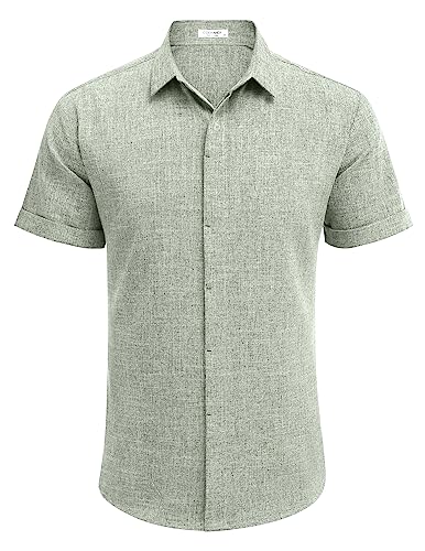 Verde claro Cor Camisa Masculina de Linho Manga Curta Casual com Botão