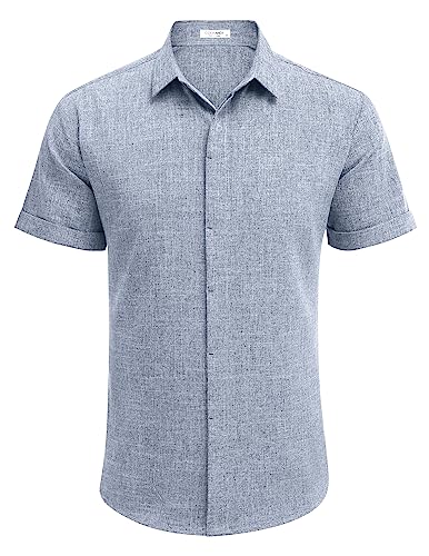 Azul vaqueiro claro Cor Camisa Masculina de Linho Manga Curta Casual com Botão