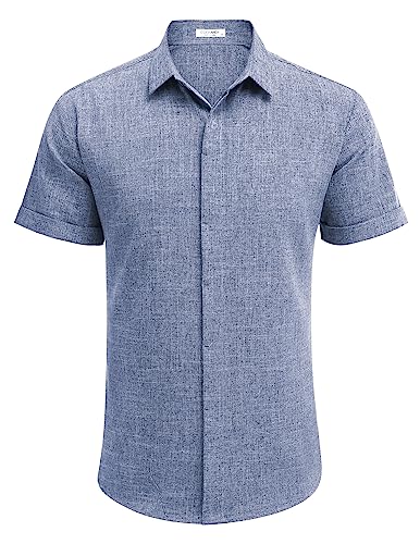 Azul intenso Cor Camisa Masculina de Linho Manga Curta Casual com Botão