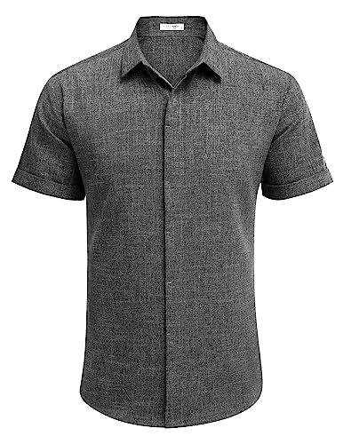 Cinza escuro Cor Camisa Masculina de Linho Manga Curta Casual com Botão