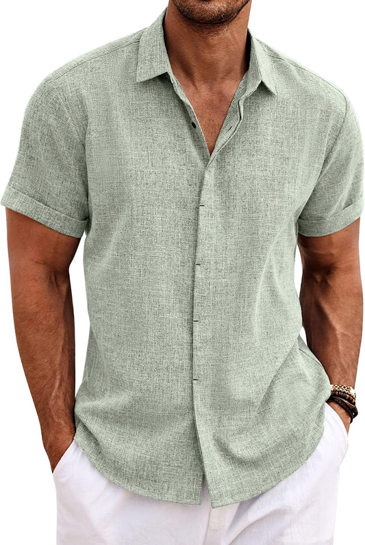 Camisa Masculina de Linho Manga Curta Casual com Botão
