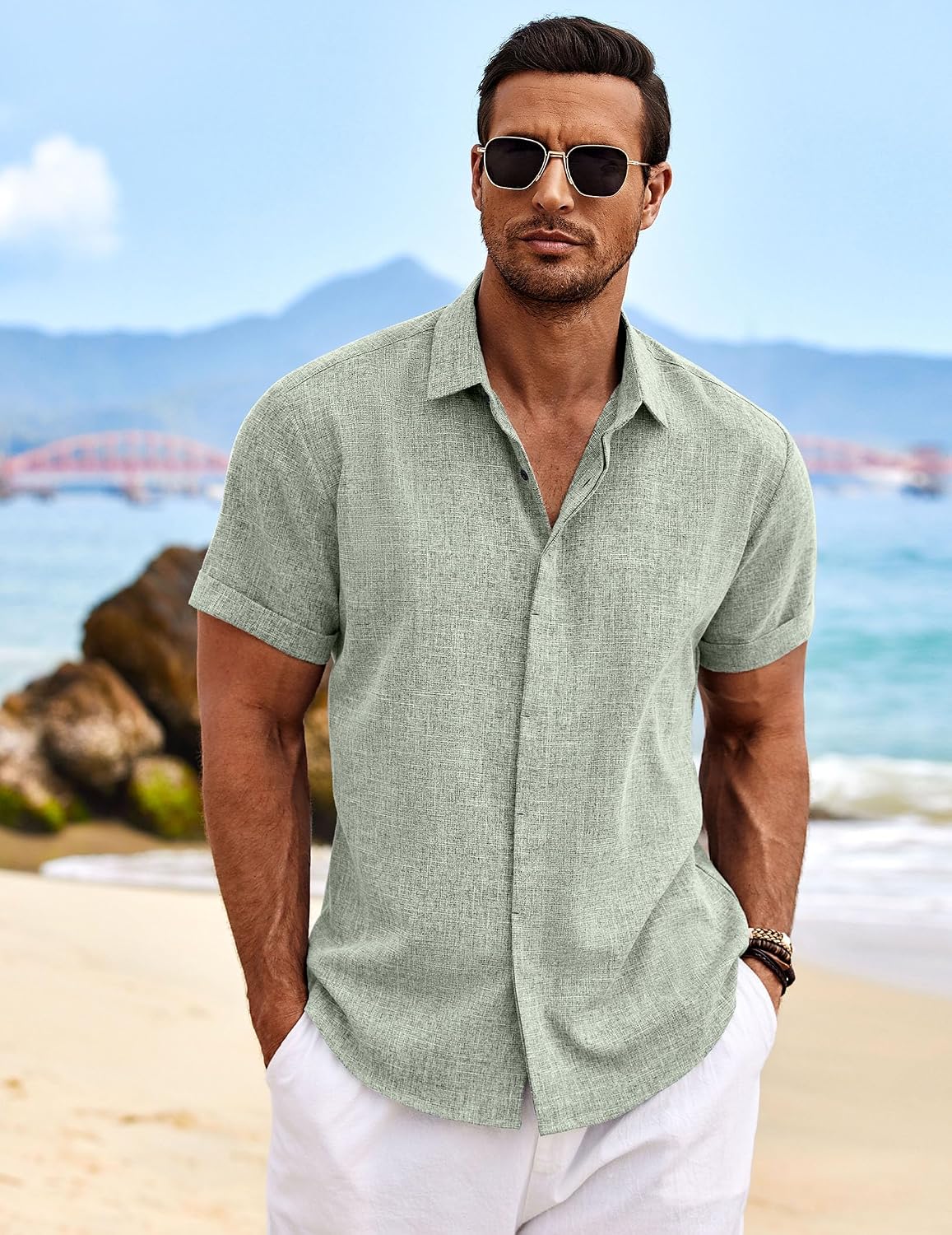 Camisa Masculina de Linho Manga Curta Casual com Botão