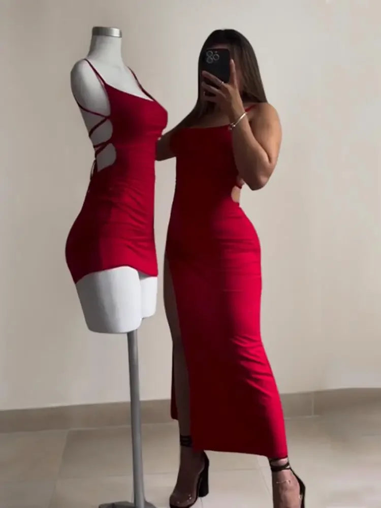 Vestido Longo Tubinho Alça Fina Decote Ombro a Ombro