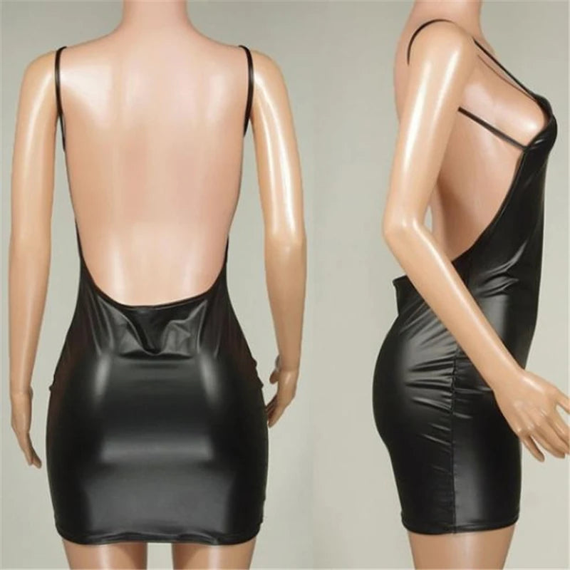 Vestido Bodycon Couro Fake Decotado Mini Festa Club