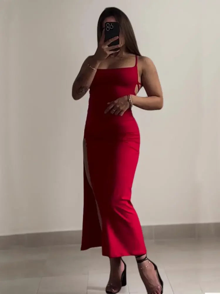 Vestido Longo Tubinho Alça Fina Decote Ombro a Ombro