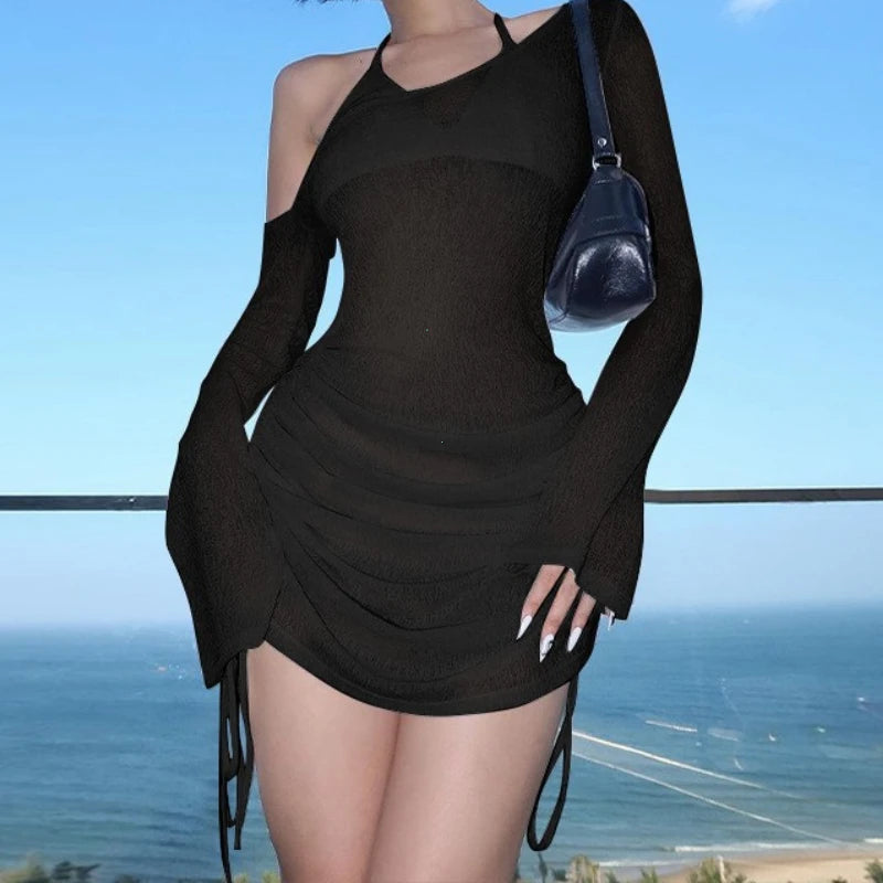 Vestido Mini Justo com Cordão e Decote Assimétrico