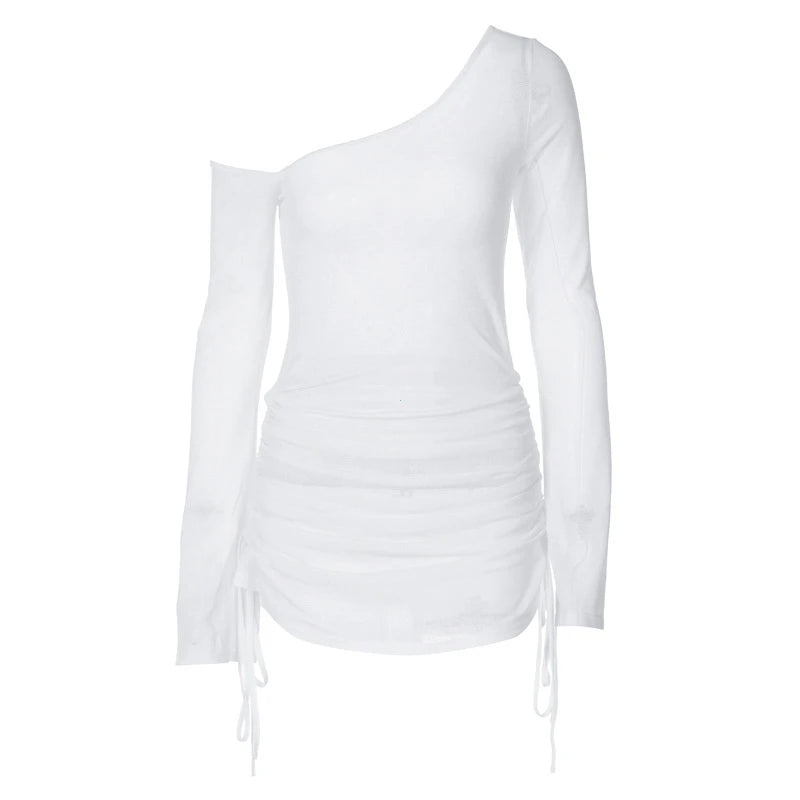 Vestido Mini Justo com Cordão e Decote Assimétrico